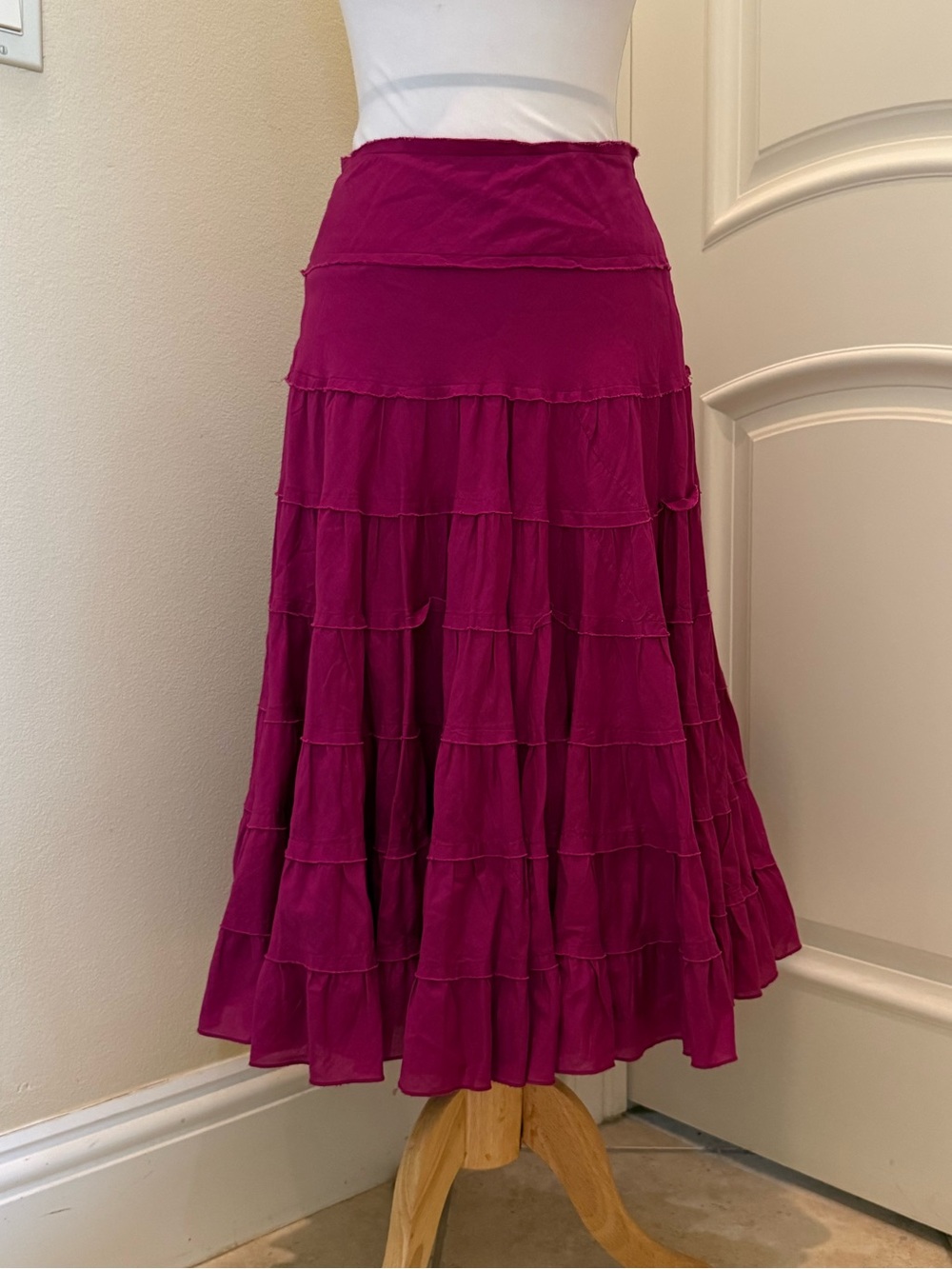 80s raspberry color super full tiered midi skirt
